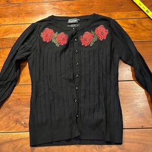 Voodoo Vixen Black Cardigan with Red Floral Design nwot 2-25-09